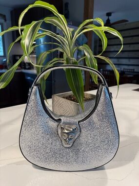 Bafelli Silver Glitter Top-Handle Bag with Panther Accent Crossbody